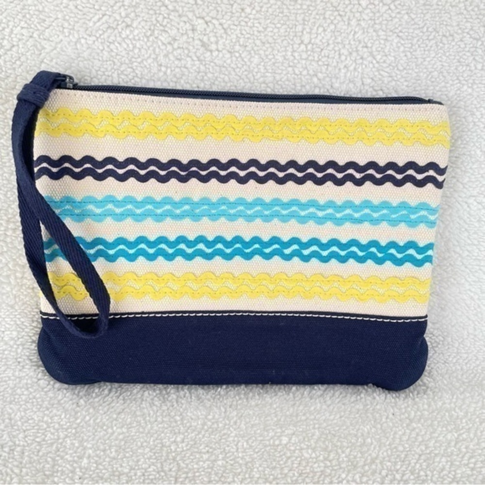 Lands‎ End Canvas Pouch Wristlet Blue Yellow Ric Rac Waves Zippered Travel Bag